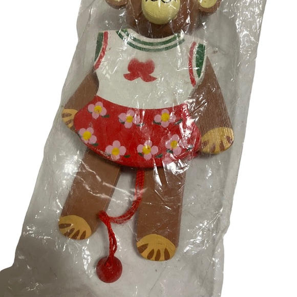 Vintage NEW Wooden Pull String Clown Girl Teddy Bear Christmas Ornament - Picture 3 of 8